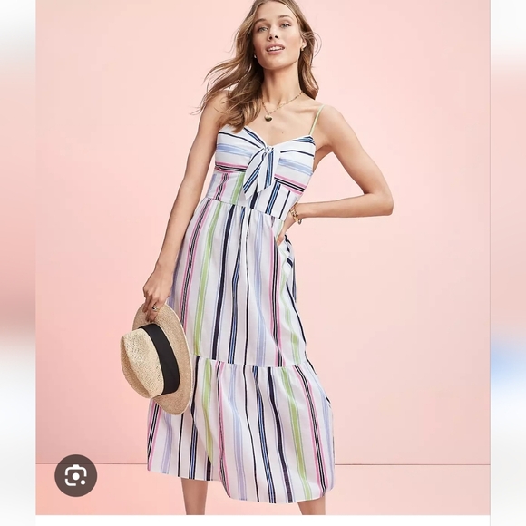Loft Colorful Striped Tie Front Strappy Midi Dress Size 10 NWT - Picture 1 of 9